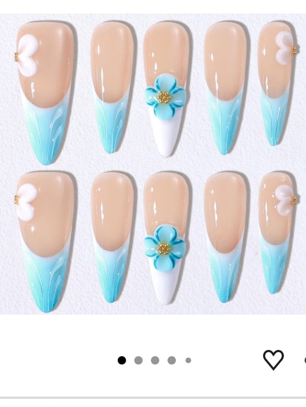 Handmade Press on Nails Acrylic - 3D Pink Blue Floral French Tip Short Almond